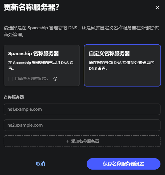 填写 Cloudflare 自定义名称服务器